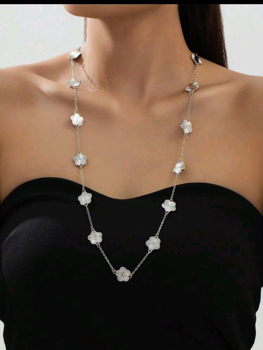 Silver Floral Station Long Necklace
